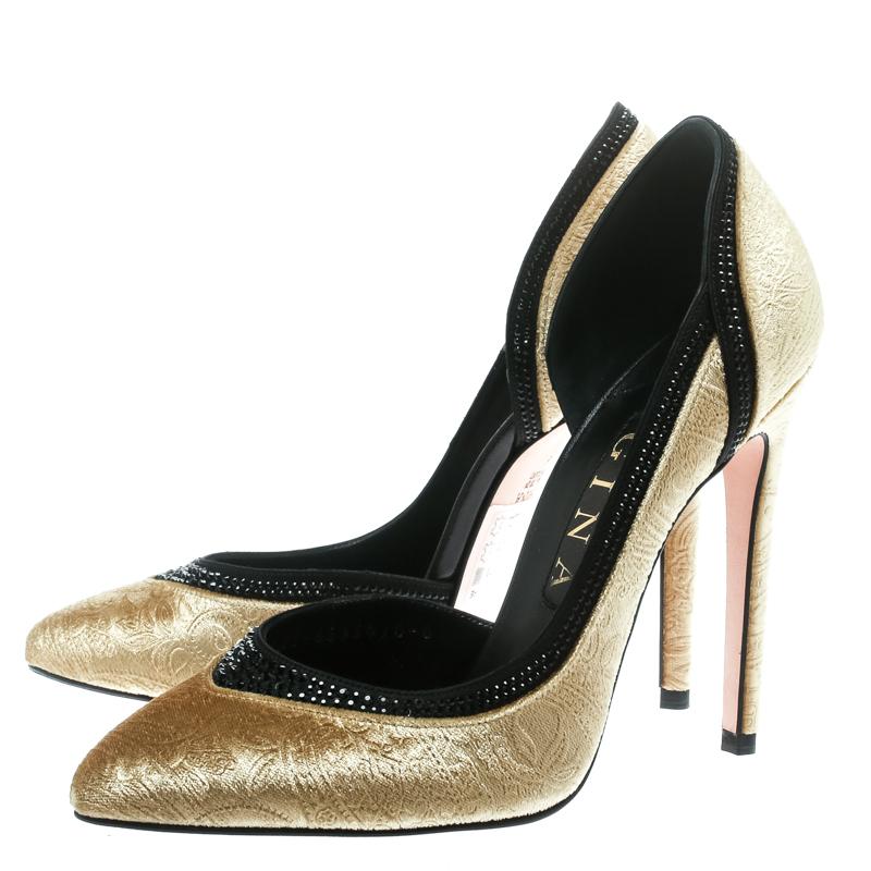 Women's Gina Gold Paisley Print Velvet Crystal Studded D'orsay Pointed Toe Pumps Size 39