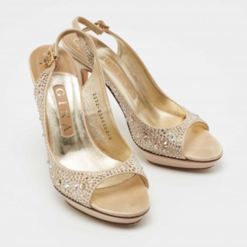 Marron Gina Sandales à bride arrière ornées de cristaux en satin doré taille 38 en vente