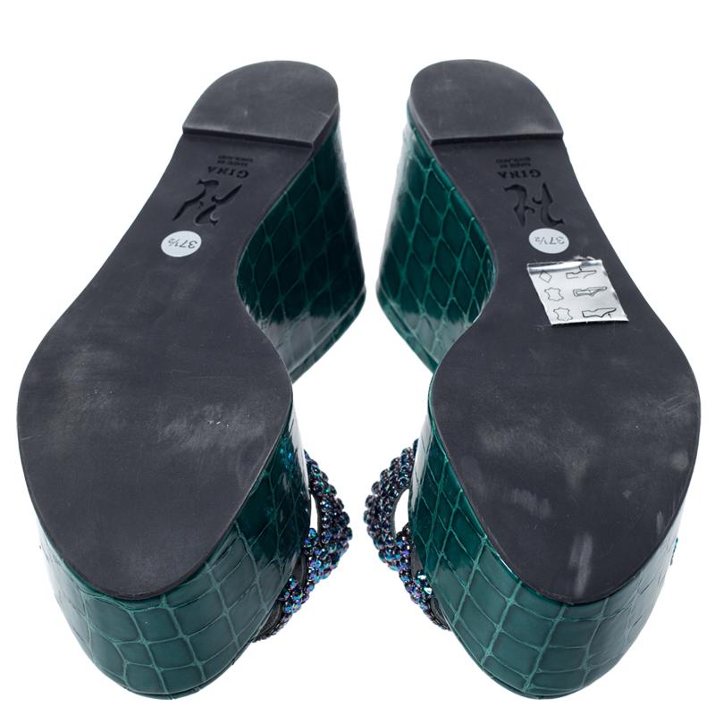 Women's Gina Green Croc Embossed Leather Embellished Wedge Platform Sandals Size 37.5