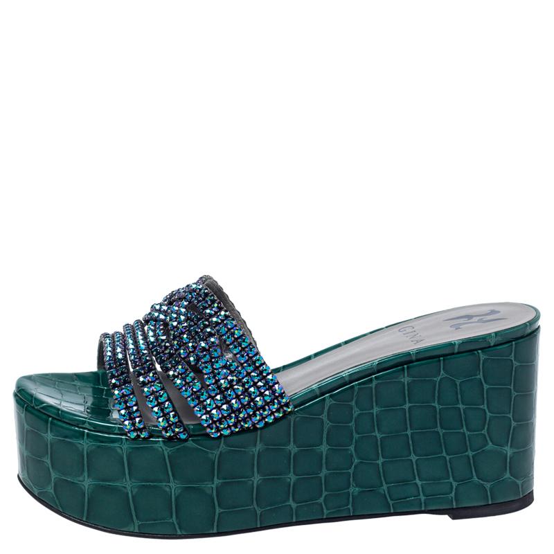 Gina Green Croc Embossed Leather Embellished Wedge Platform Sandals Size 37.5 1