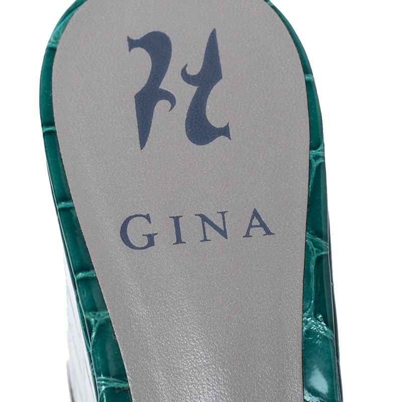 Gina Green Croc Embossed Leather Embellished Wedge Platform Sandals Size 37.5 2