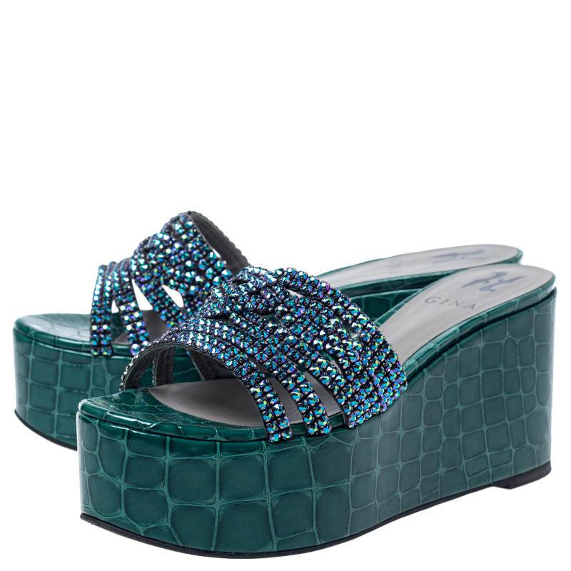 Gina Green Croc Embossed Leather Embellished Wedge Platform Sandals Size 37.5 3