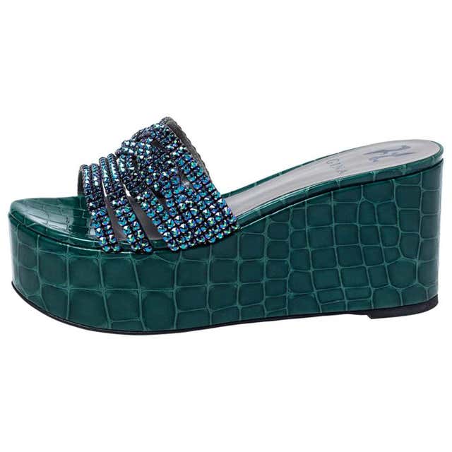 Gina Green Croc Embossed Leather Embellished Wedge Platform Sandals Size 375 At 1stdibs Gina 