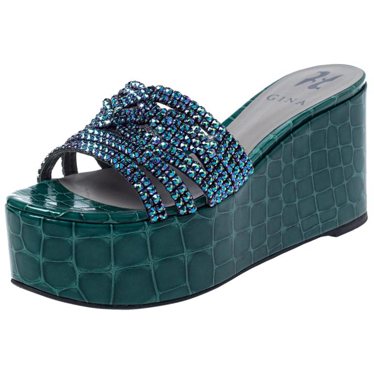 Gina Green Croc Embossed Leather Embellished Wedge Platform Sandals Size 37.5