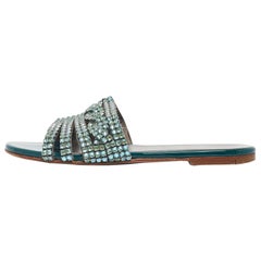 Gina Green Leather and Patent Crystal Embellished Flat Slides Size 36