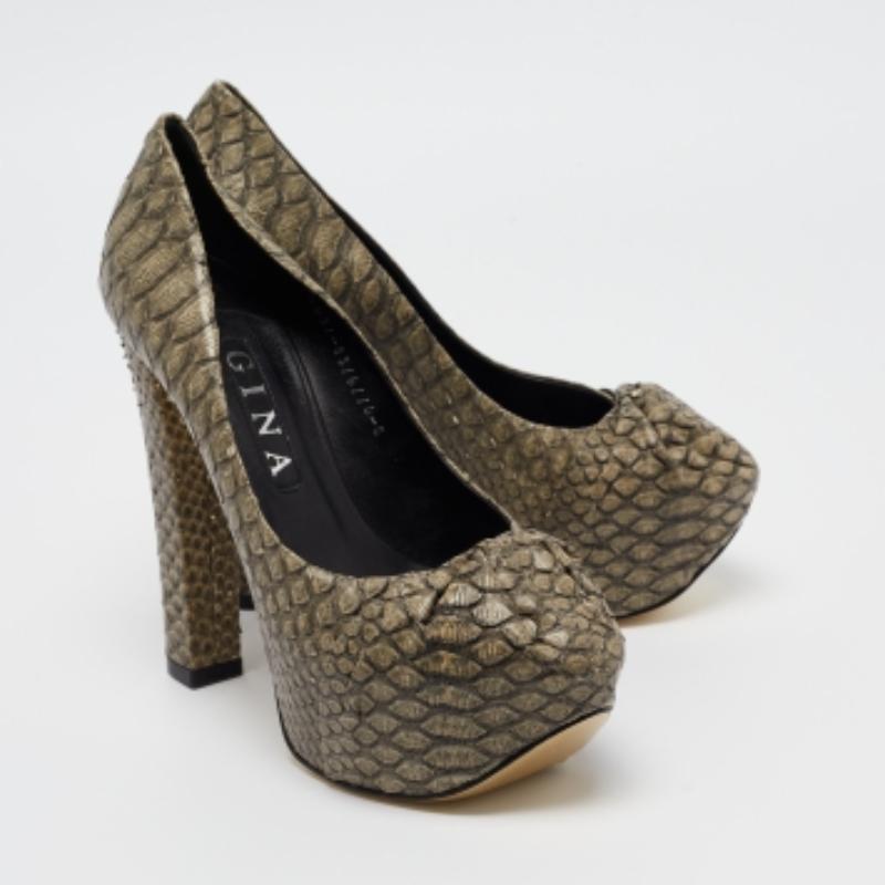 Brown Gina Green Python Platform Block Heel Pumps Size 39 For Sale