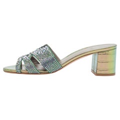 Gina Green Satin Crystal Embellished Orsay Block Heel Slide Sandals Size 41