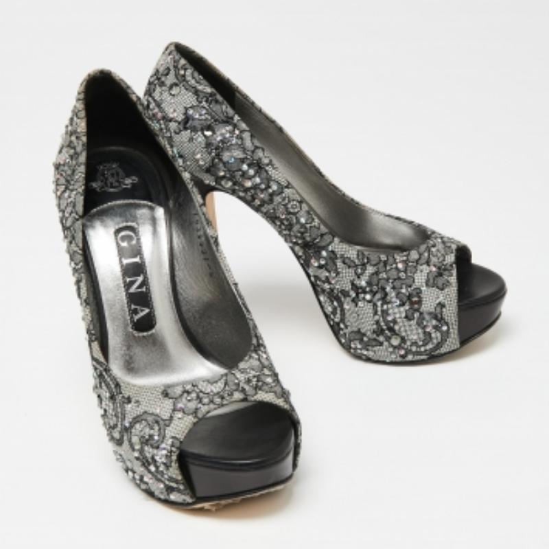 Gina Lace Grey/Black Crystal Embellished Open Peep  Escarpins à plateforme, taille 37 Pour femmes en vente