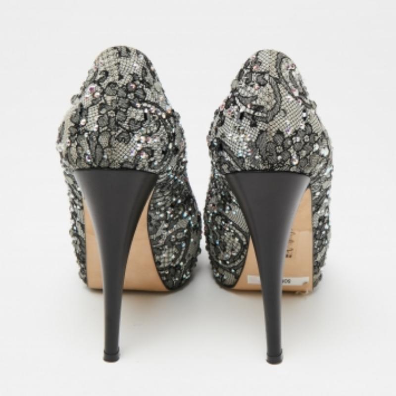Gina Lace Grey/Black Crystal Embellished Open Peep  Escarpins à plateforme, taille 37 en vente 1
