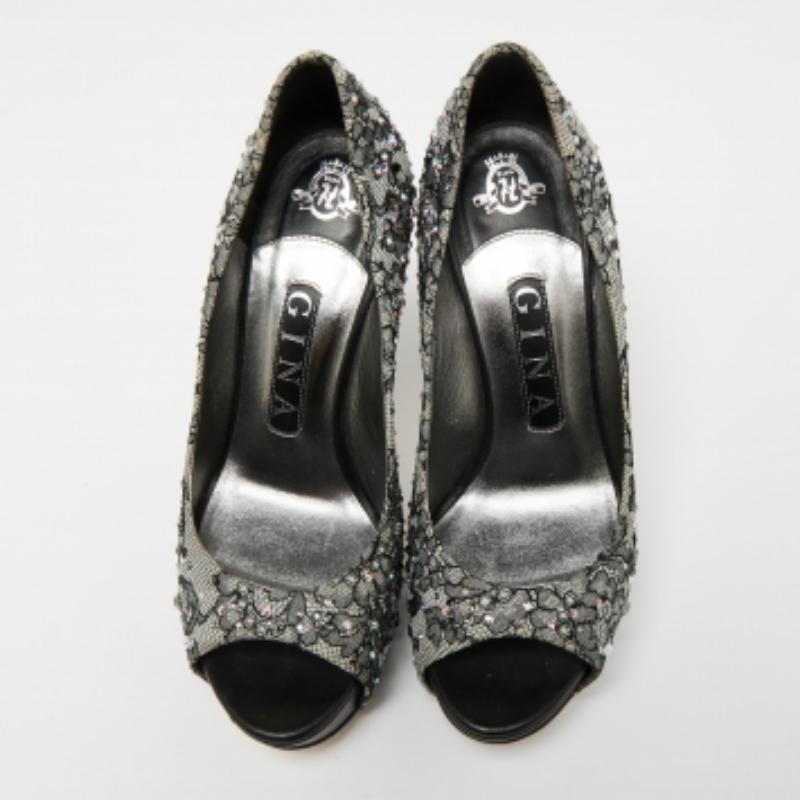 Gina Lace Grey/Black Crystal Embellished Open Peep  Escarpins à plateforme, taille 37 en vente 2