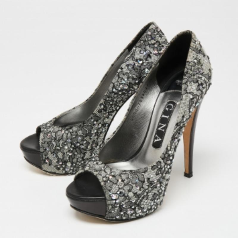 Gina Lace Grey/Black Crystal Embellished Open Peep  Escarpins à plateforme, taille 37 en vente 3