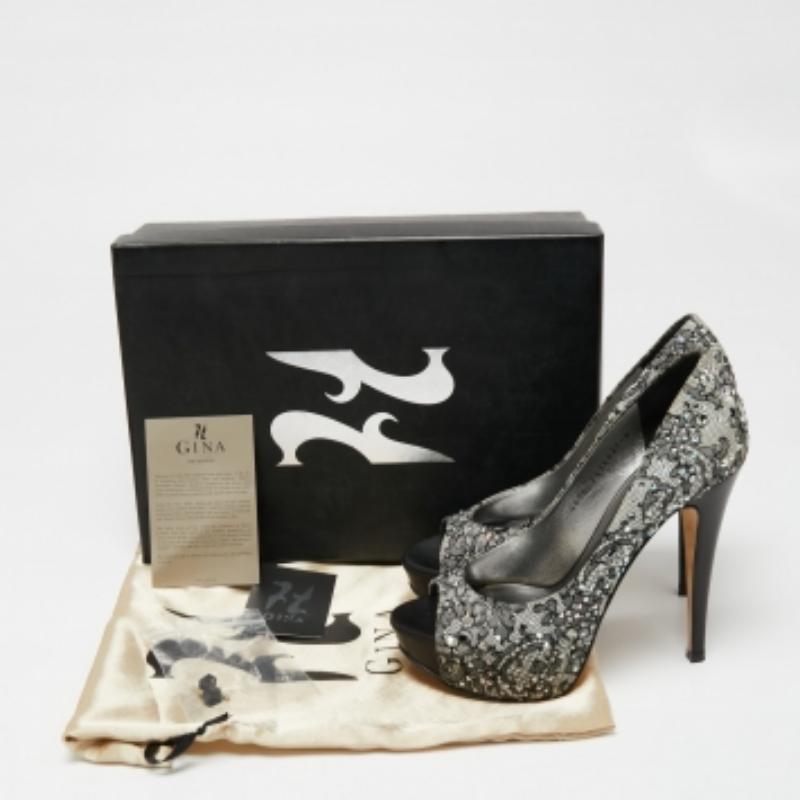 Gina Lace Grey/Black Crystal Embellished Open Peep  Escarpins à plateforme, taille 37 en vente 4