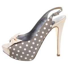 Gina Grey/Cream Polka Canvas And Patent Leather Bow Open Toe Sandals Size 37.5
