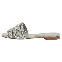 Gina Grey Leather Crystal Embellished Flat Slide Sandals Size 36