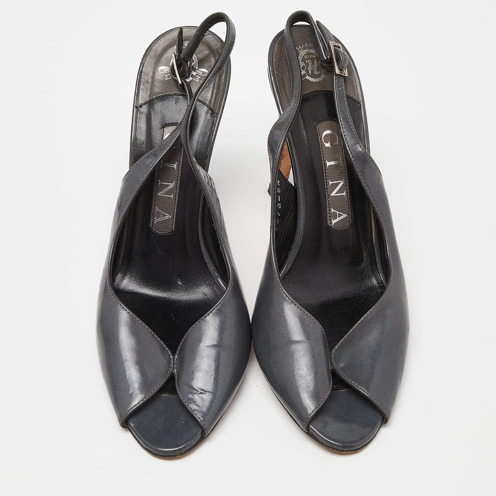 Black Gina Grey Leather Open Toe Slingback Sandals Size 37.5 For Sale