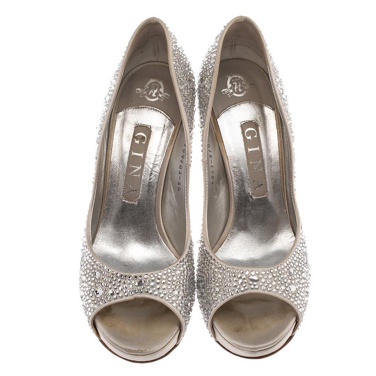 Gina Grey Satin Crystal Embellished Peep Toe Platform Pumps Size 38.5 ...