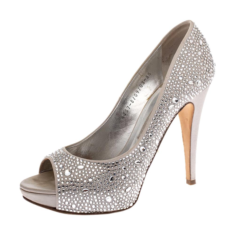 Gina Grey Satin Crystal Embellished Peep Toe Platform Pumps Size 38.5
