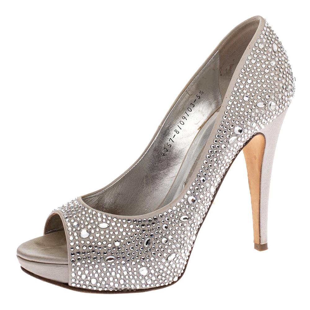 Gina Grey Satin Crystal Embellished Peep Toe Platform Pumps Size 38.5