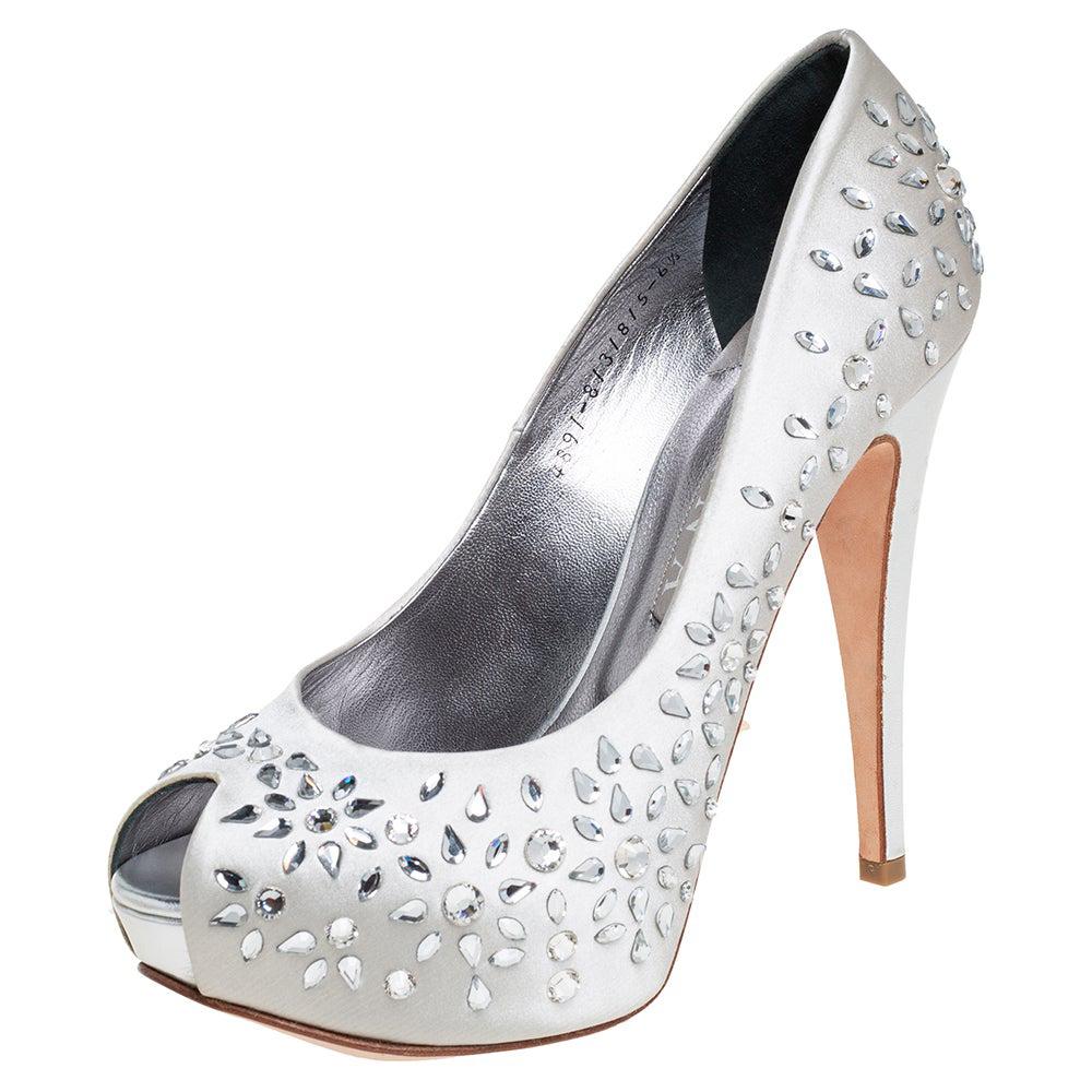 Gina - Escarpins à plateforme en satin gris ornés de cristaux, à bout ouvert, taille 39,5