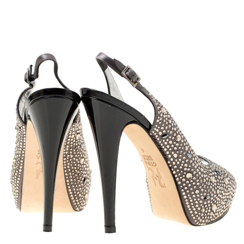 Gina Grey Satin Crystal Embellished Platform Peep Toe Slingback Sandals Size 37 2