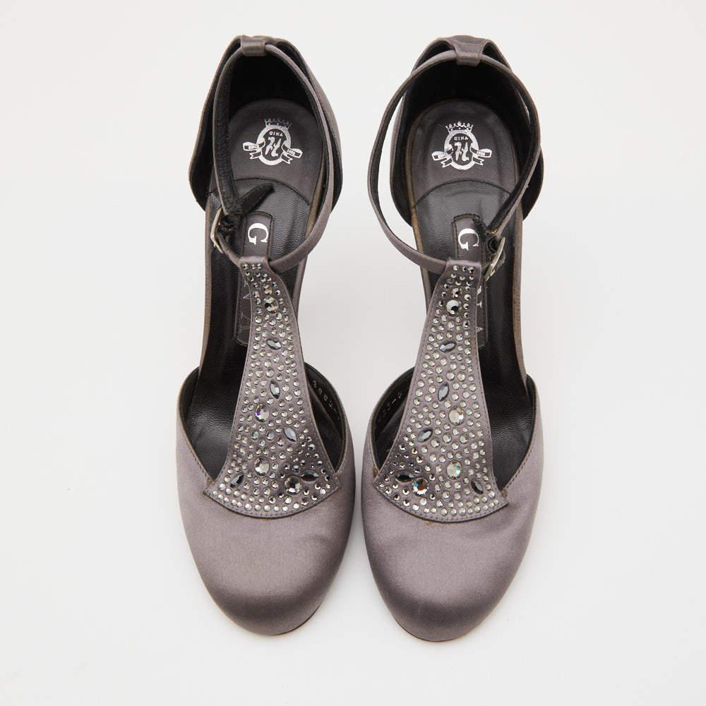 Gray Gina Grey Satin Crystal Embellished T-Bar Ankle Strap Pumps Size 37 For Sale