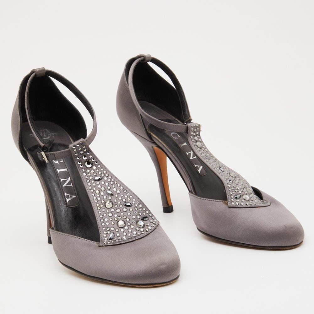 Gina Grey Satin Crystal Embellished T-Bar Ankle Strap Pumps Size 37 In Good Condition For Sale In Dubai, Al Qouz 2