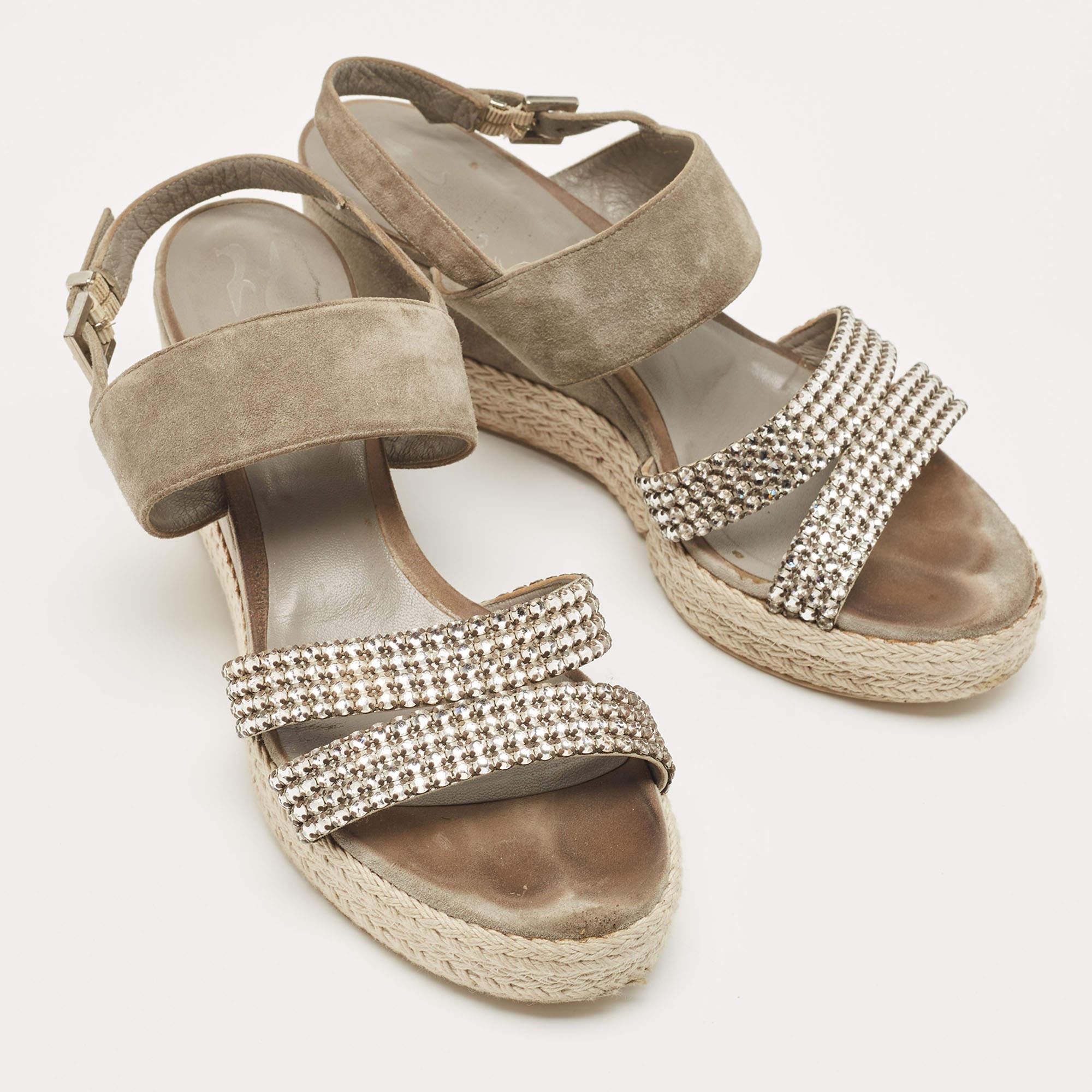 Gina Grey Suede Crystal Embellished Open Toe Espadrille Sandals Size 38 For Sale 1