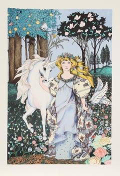 Vintage Girl with Unicorn, Lithograph by Gina 'Jennie' Tomao Stephanopoulos