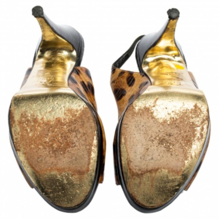 Nero Gina Leopard Print Patent Leather Peep Toe Platform Slingback Sandals Taglia 39 in vendita