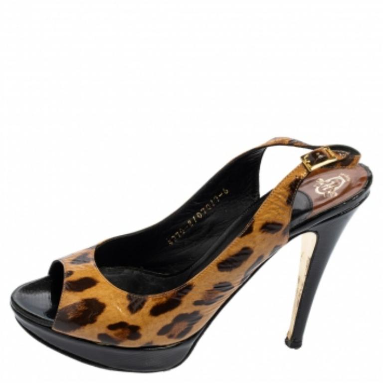 Gina Leopard Print Patent Leather Peep Toe Platform Slingback Sandals Taglia 39 in vendita