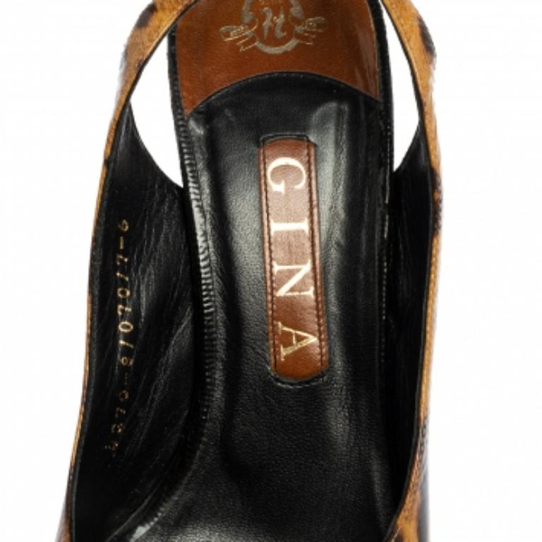 Gina Leopard Print Patent Leather Peep Toe Platform Slingback Sandals Taglia 39 in vendita 2