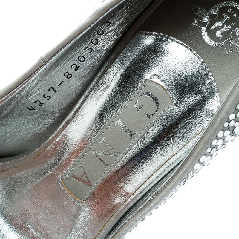Gina Light Grey Satin Crystal Embellished Peep Toe Platform Pumps Size 37 1