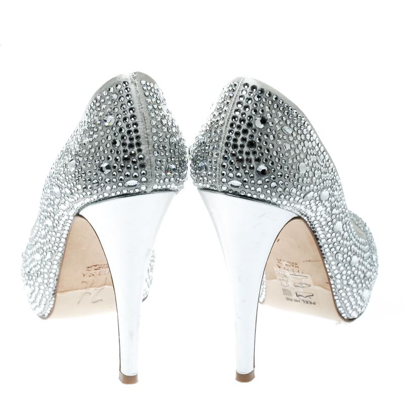 Women's Gina Light Grey Satin Crystal Embellished Peep Toe Platform Pumps Size 37