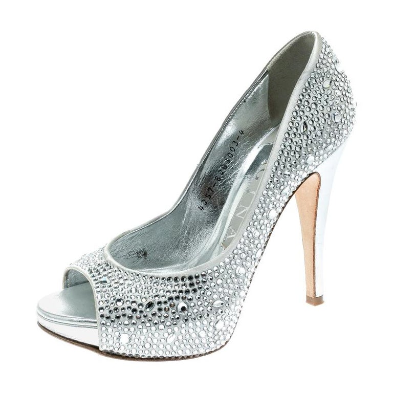 Gina Light Grey Satin Crystal Embellished Peep Toe Platform Pumps Size ...