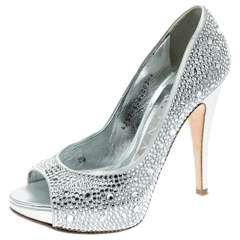 Gina Light Grey Satin Crystal Embellished Peep Toe Platform Pumps Size 37  For Sale at 1stDibs | gina shoes sale, light grey heels
