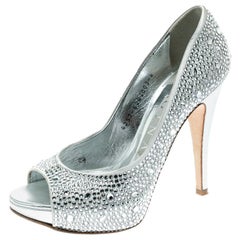 Gina Light Grey Satin Crystal Embellished Peep Toe Platform Pumps Size 37