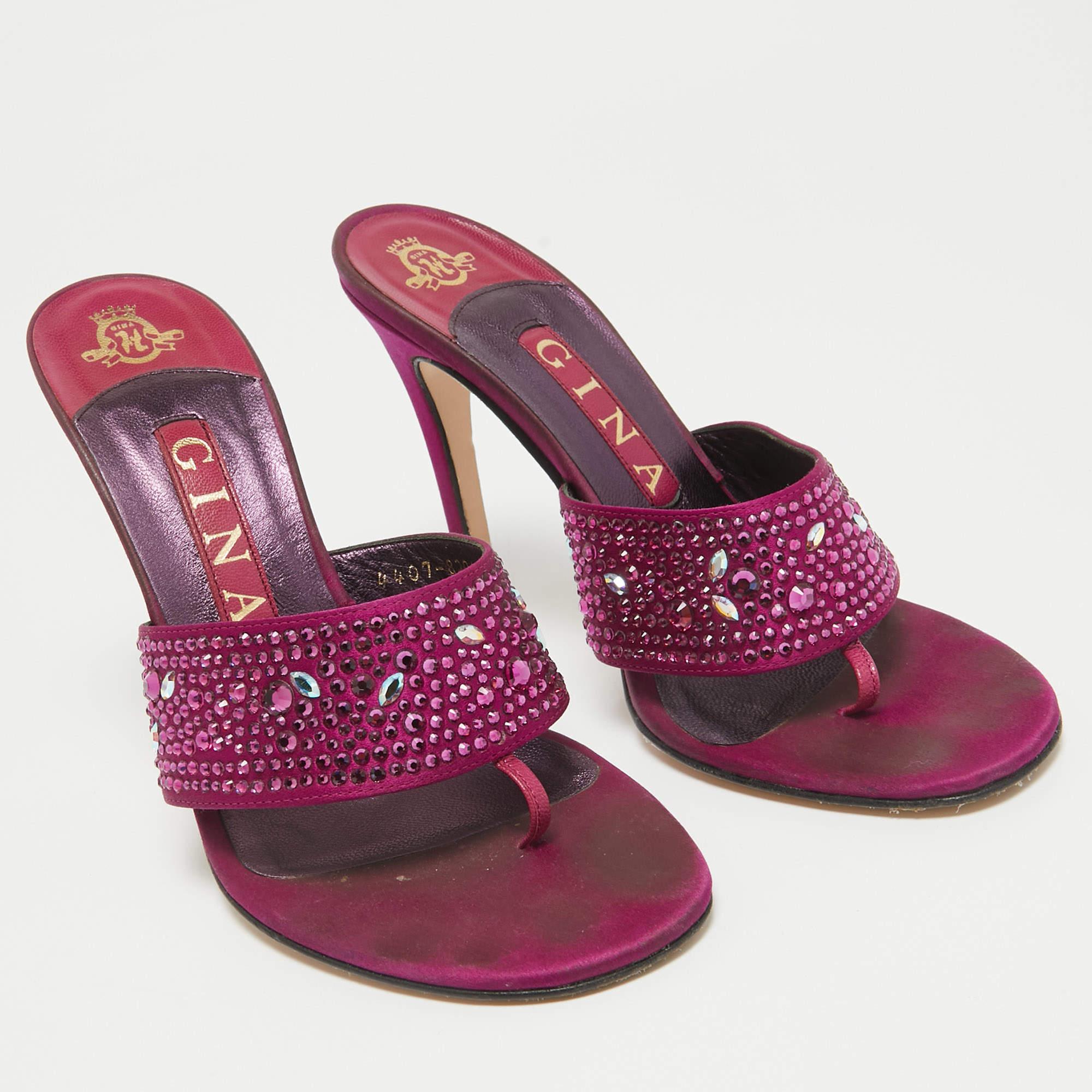 Donna Gina - Rosa Magenta, raso e cristalli, sandali diapositive taglia 38 in vendita