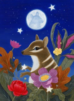 "Peanut Meets the Mouse in the Moon" - Whimsical Animal Portrait, Oil on Panel