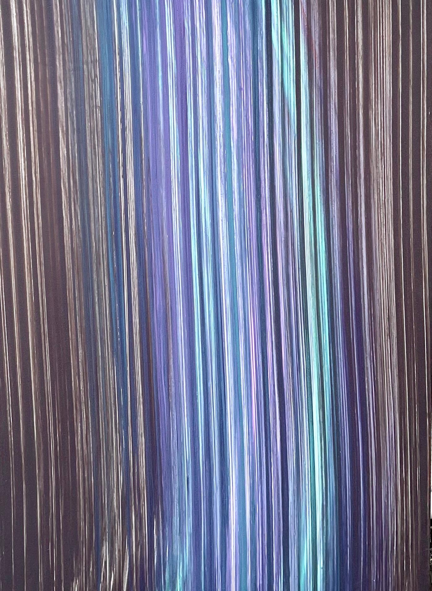 Gina Medcalf (British, 1941-)
"Shallow Ground 2", 2008 
(Shallow Brown)
Acrylic on canvas
Hand signed, dated and titled reverse. 
27 X 18
this painting is not framed
Polychrome abstract featuring undulating vertical lines in an ombre color rainbow
