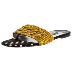 Gina Metallic Black Leather And Yellow Crystal Embellished Slide Flats Size 40