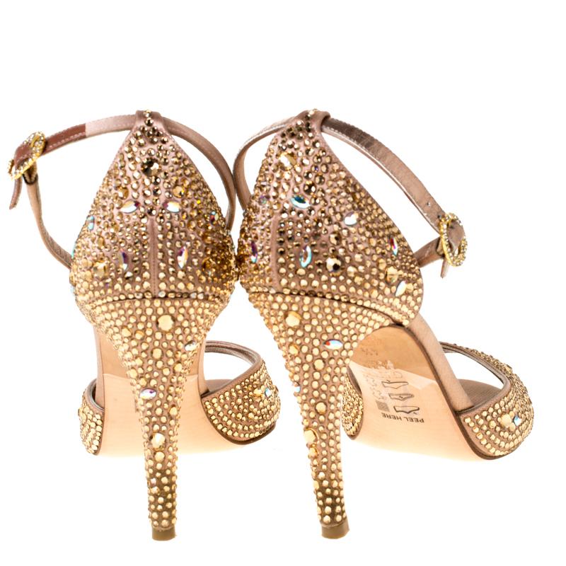 Brown Gina Metallic Bronze Crystal Embellished Ankle Strap Sandals Size 37.5