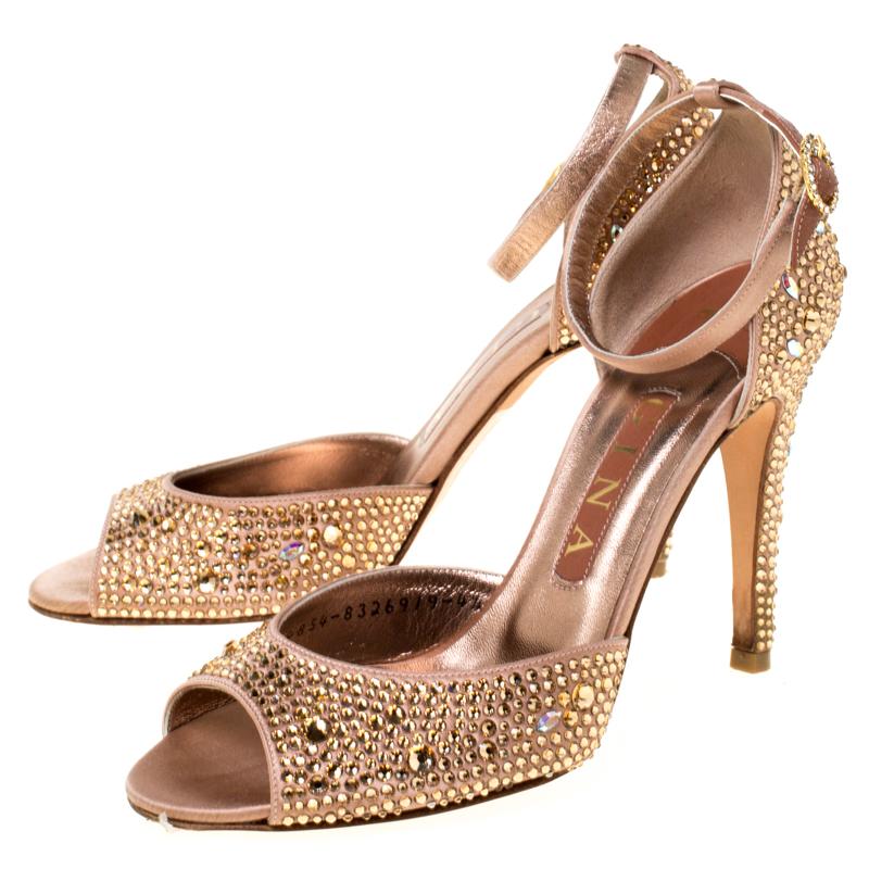 Gina Metallic Bronze Crystal Embellished Ankle Strap Sandals Size 37.5 1