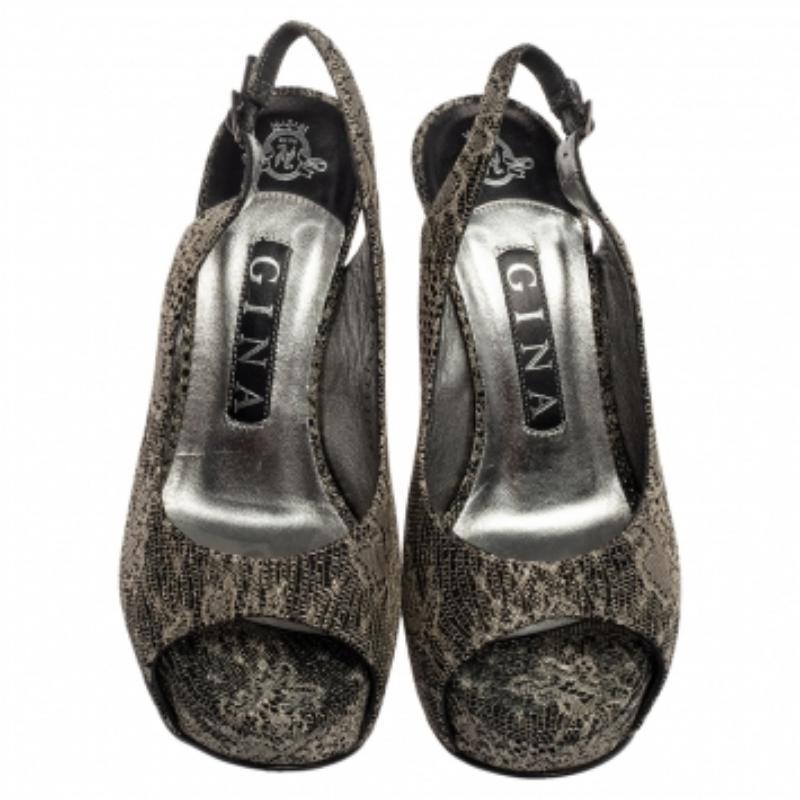 Gina Bronce Metalizado Lurex Tela Plataforma Slingback Bombas Tamaño 37 Negro en venta