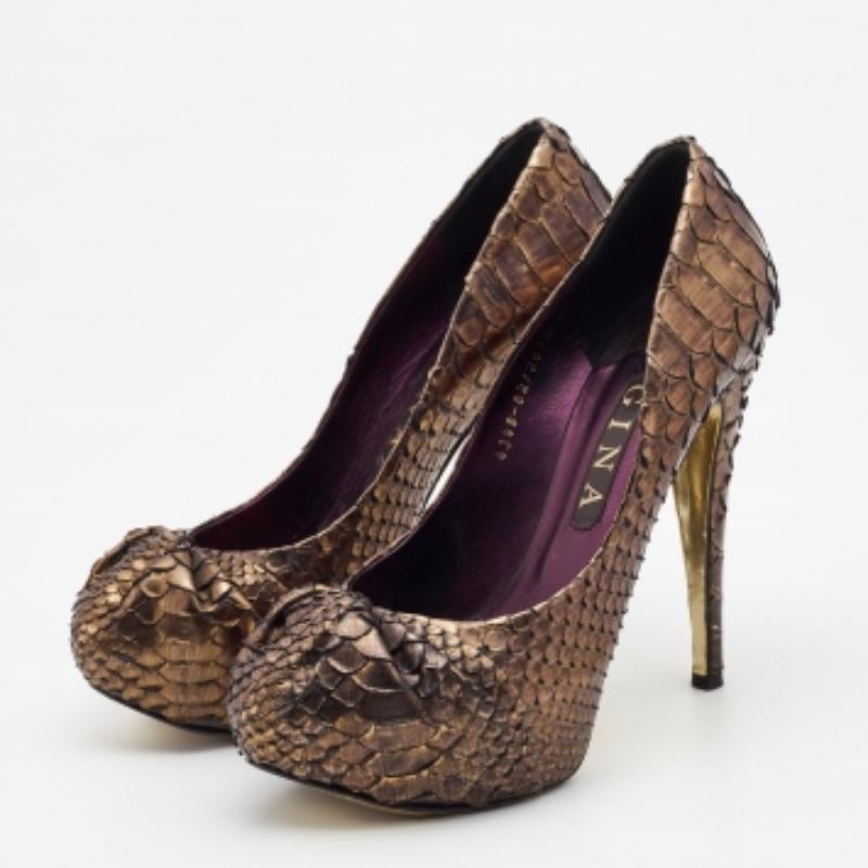 Gina Metallic Braun Python Elle Plateau Pumps Größe 39.5 im Angebot 4