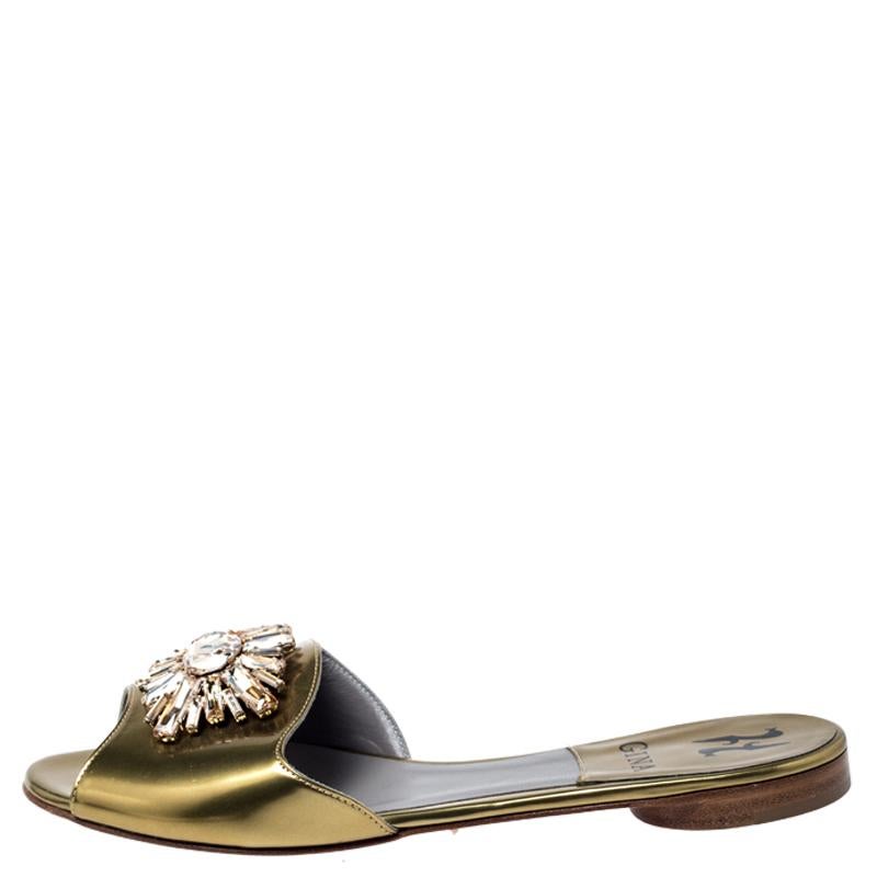 Women's Gina Metallic Gold Crystal Embellished Flat Slides Size 37.5