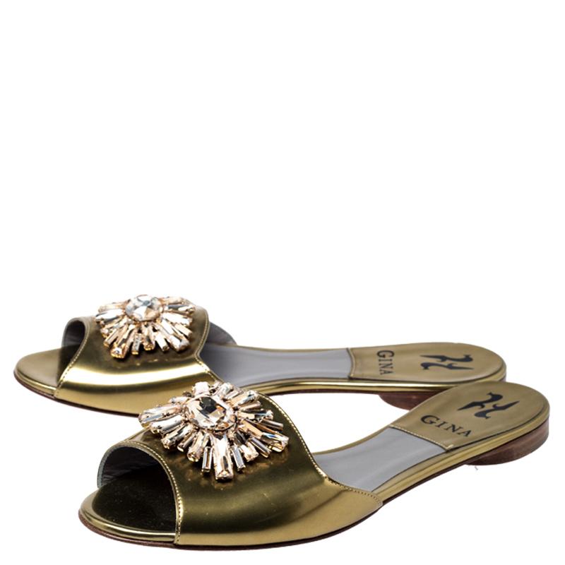 Gina Metallic Gold Crystal Embellished Flat Slides Size 37.5 2