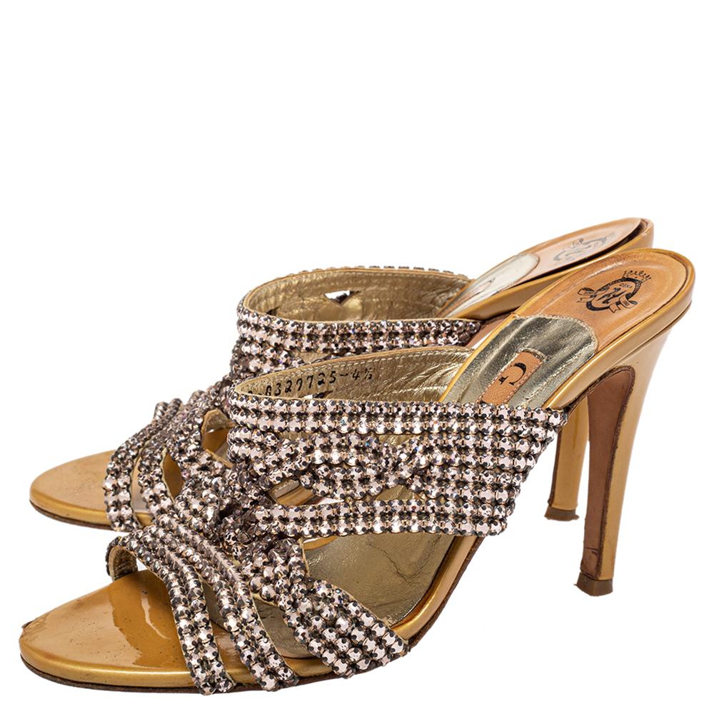 Brown Gina Metallic Gold Crystal Embellished Leather Slide Sandals Size 37.5