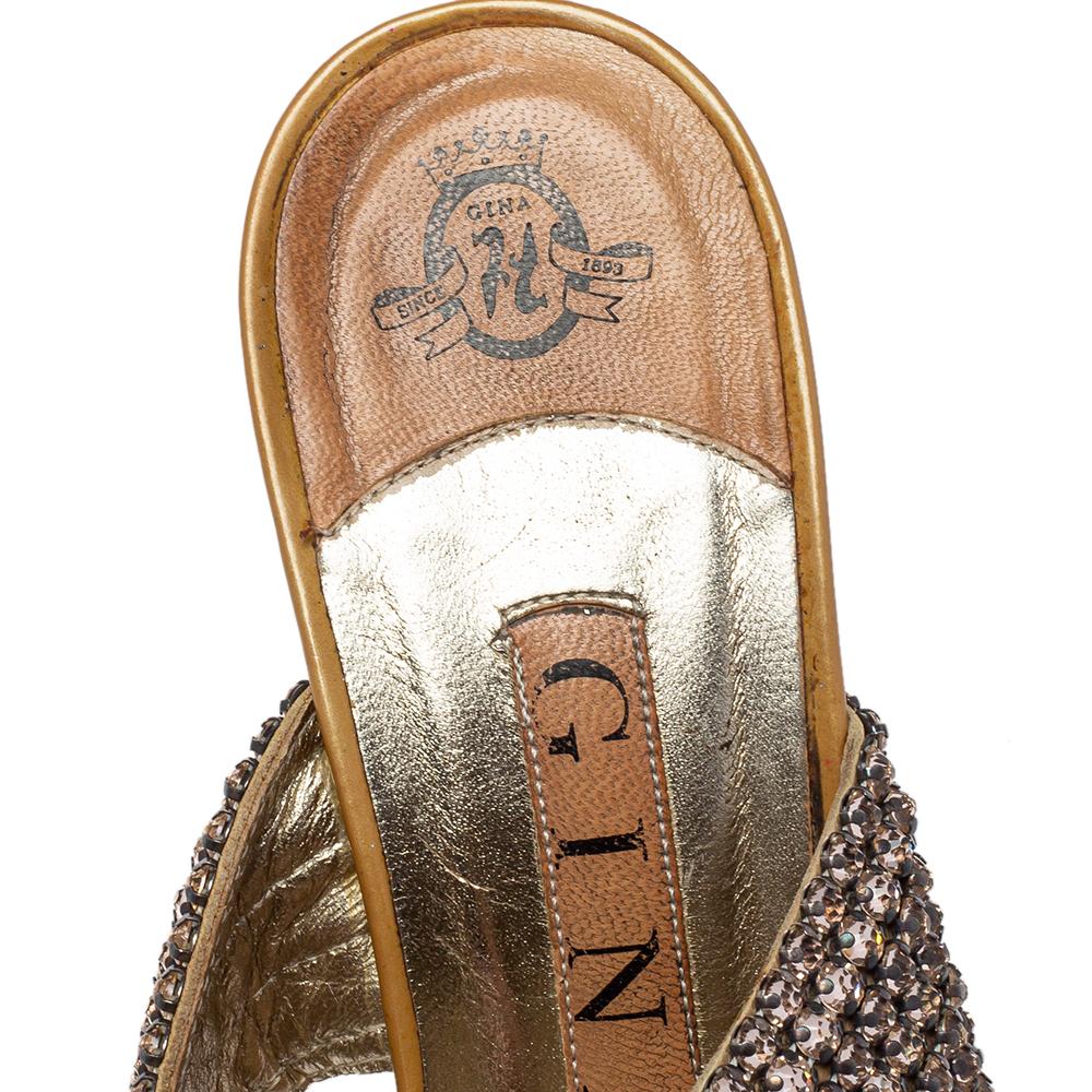Women's Gina Metallic Gold Crystal Embellished Leather Slide Sandals Size 37.5