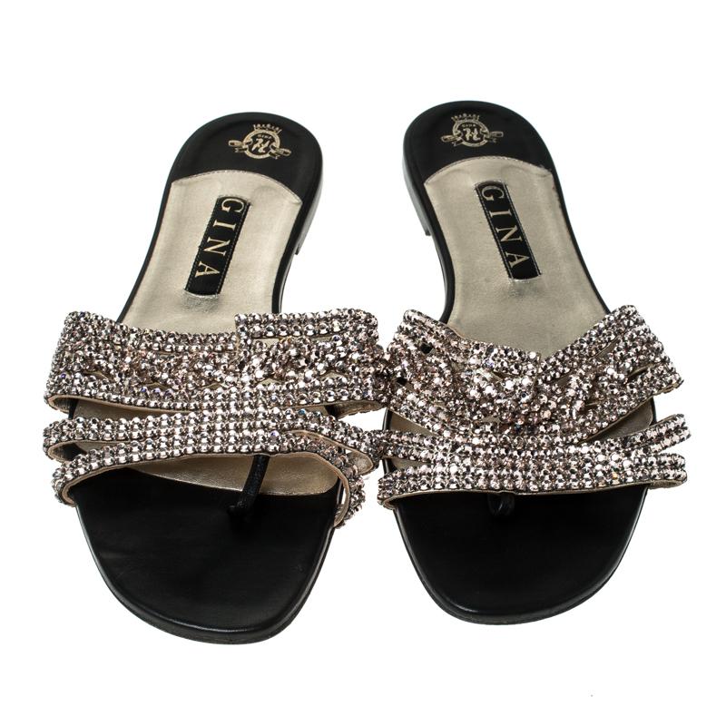 Gina Metallic Gold Crystal Embellished Loren Flat Sandals Size 41.5 For  Sale at 1stDibs