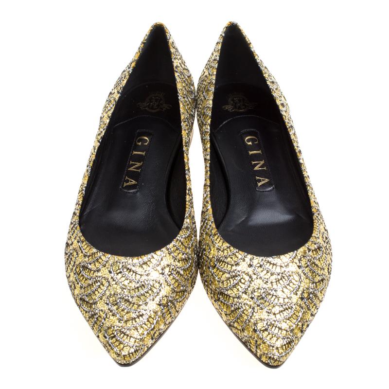 Gina Metallic Gold Glitter Pointed Toe Flats Size 39 In New Condition In Dubai, Al Qouz 2